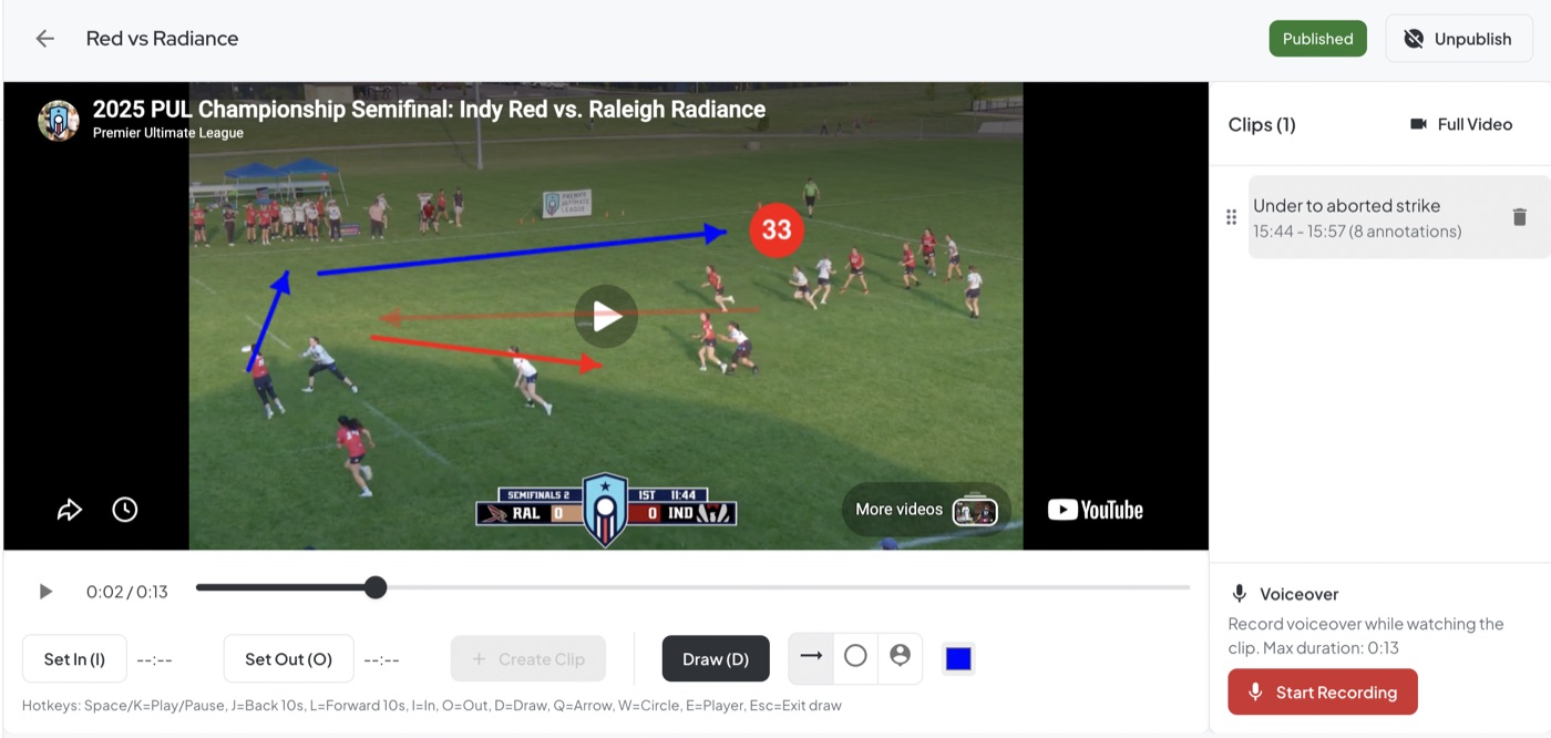 Hekate film room with an annotated game clip — arrows, a player marker, and a clip list