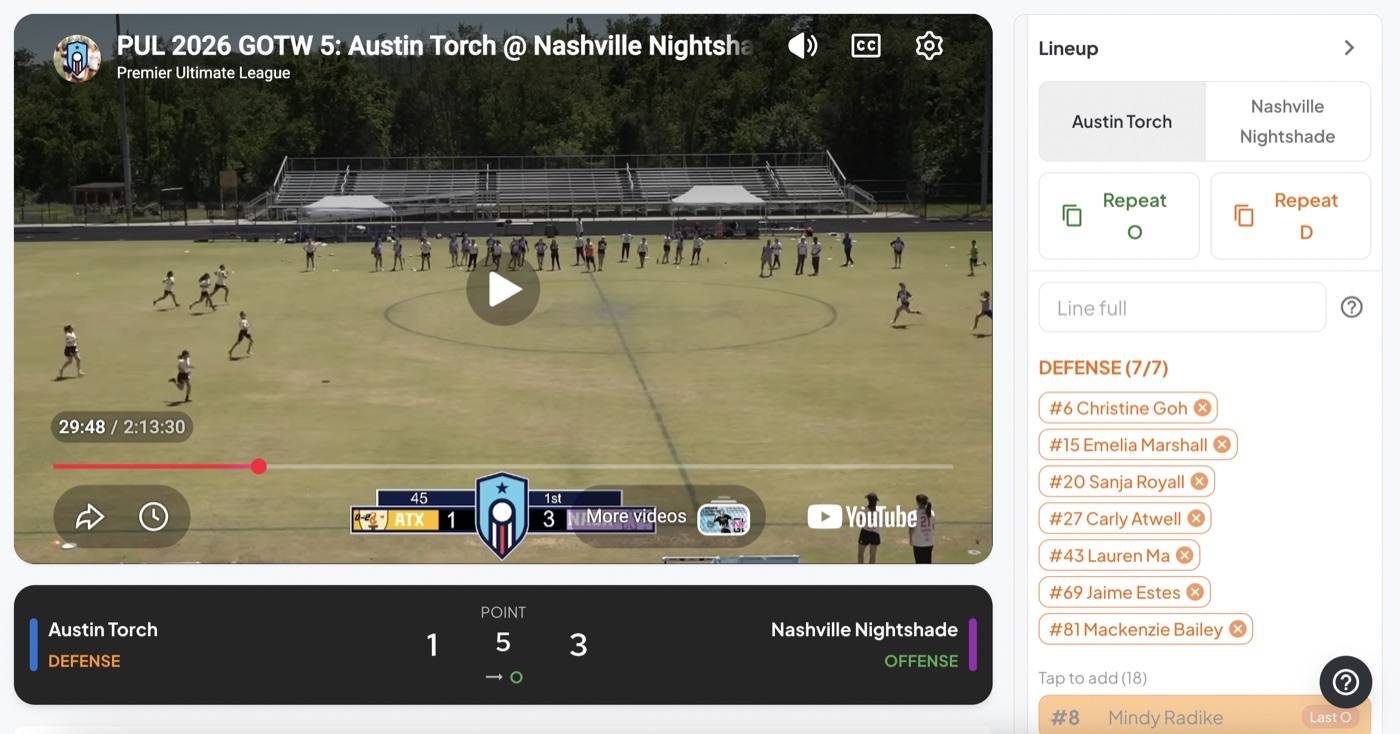 Hekate point-by-point scouting view of a live game, with lineup and running score